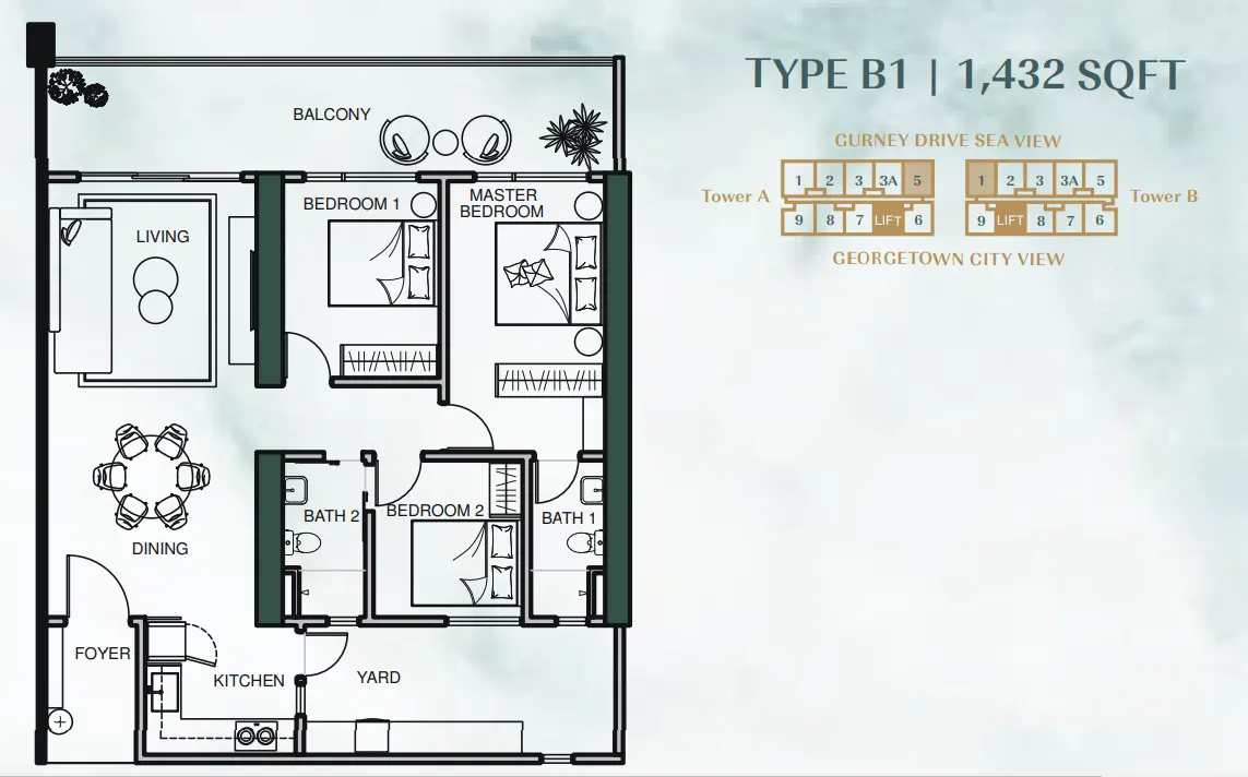 Lumina Residence Georgetown Type B1 — 1,432 sqft floor plan