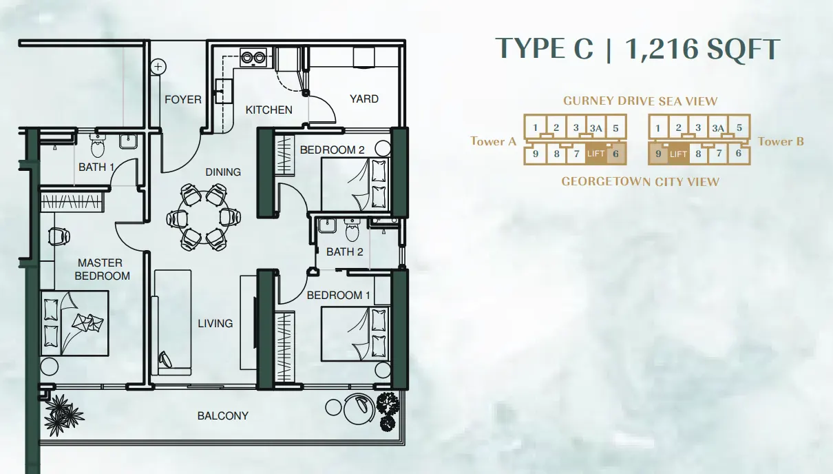 Lumina Residence Georgetown Type C — 1,216 sqft floor plan