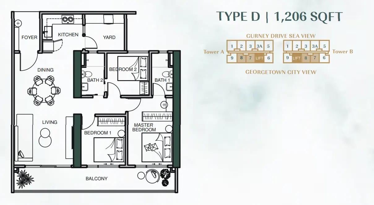 Lumina Residence Georgetown Type D — 1,206 sqft floor plan