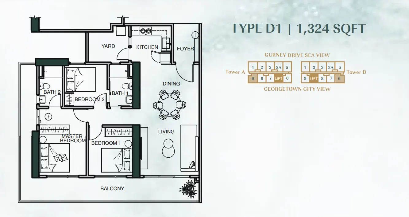 Lumina Residence Georgetown Type D1 — 1,324 sqft floor plan