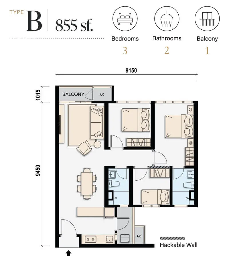 M Aspira TYPE B - 855 s.f floor plan