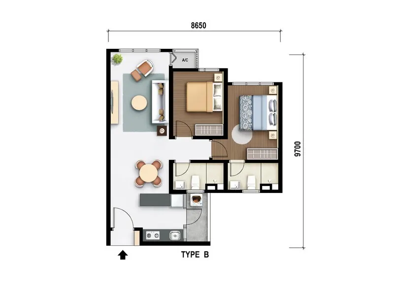 M Aurora Type B - 738 sq.ft floor plan