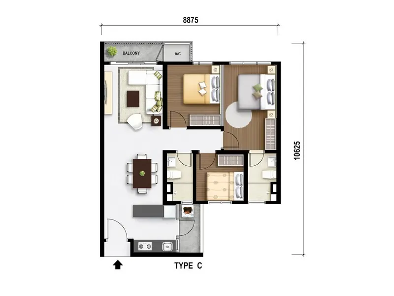 M Aurora Type C -  857 sq.ft floor plan