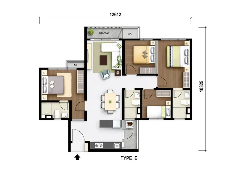 M Aurora Type E -  1,019 sq.ft floor plan