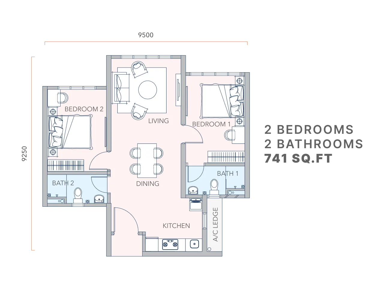 Mandolin Residences Type B - 741 SQ.FT floor plan
