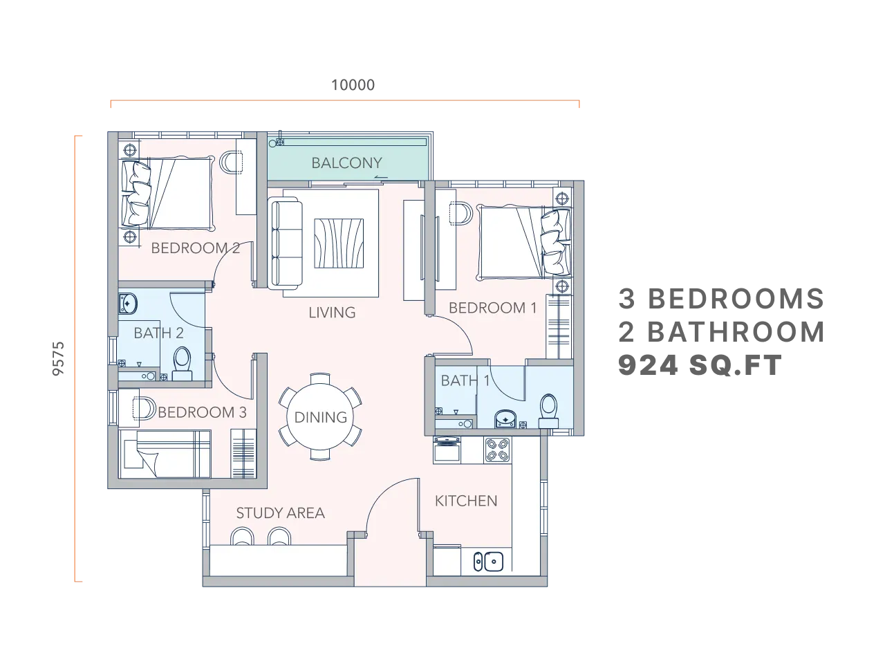 Mandolin Residences Type C2 - 924 SQ.FT floor plan