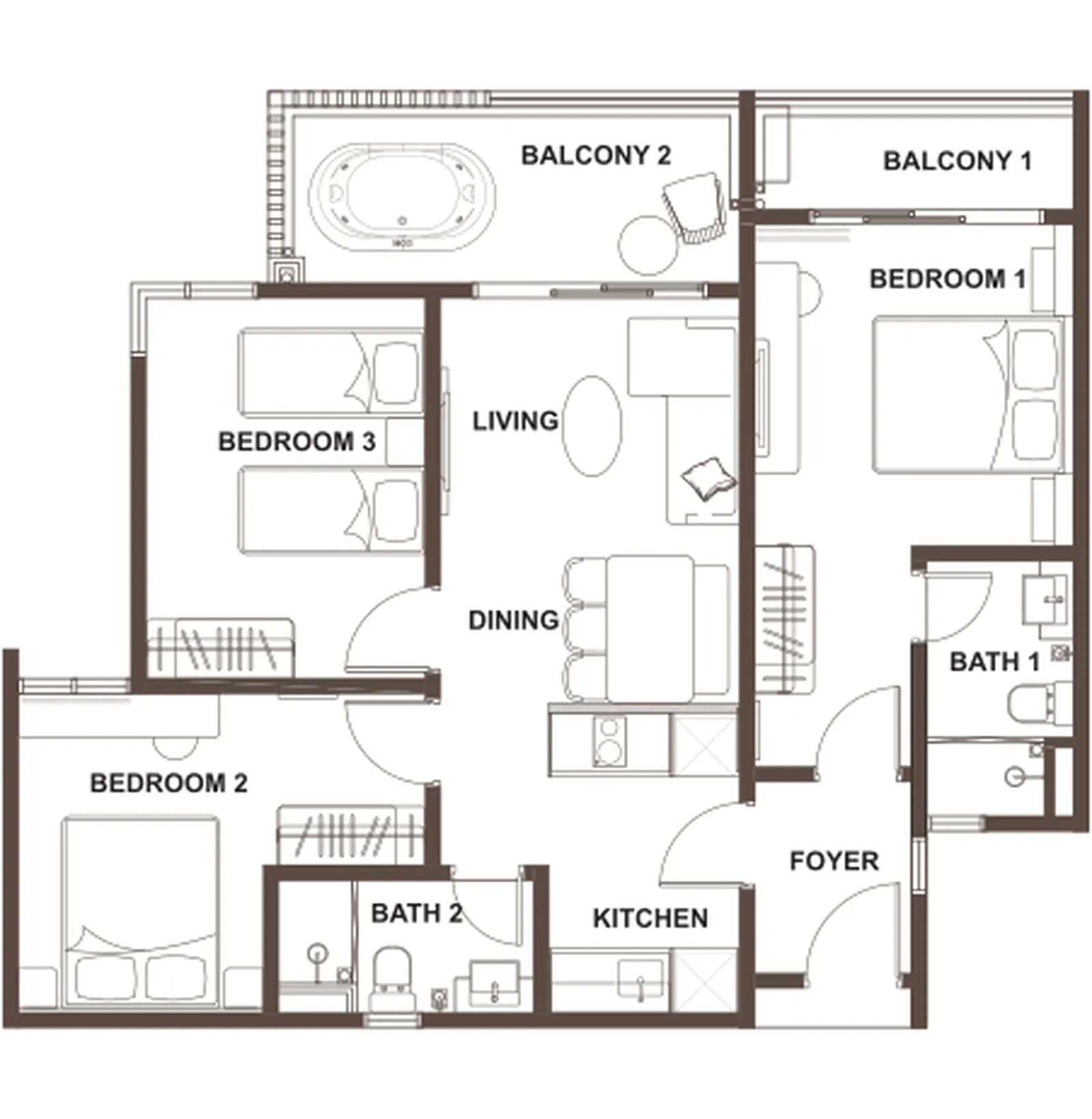 OSK Ombak Type D - 950 sft - 3 Bed 2 Bath - Dualkey floor plan