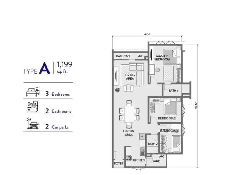 Padang Residences Type A - 1,199 sq.ft floor plan