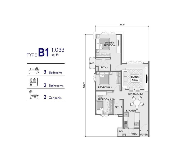 Padang Residences Type B1 - 1,033 sq.ft floor plan