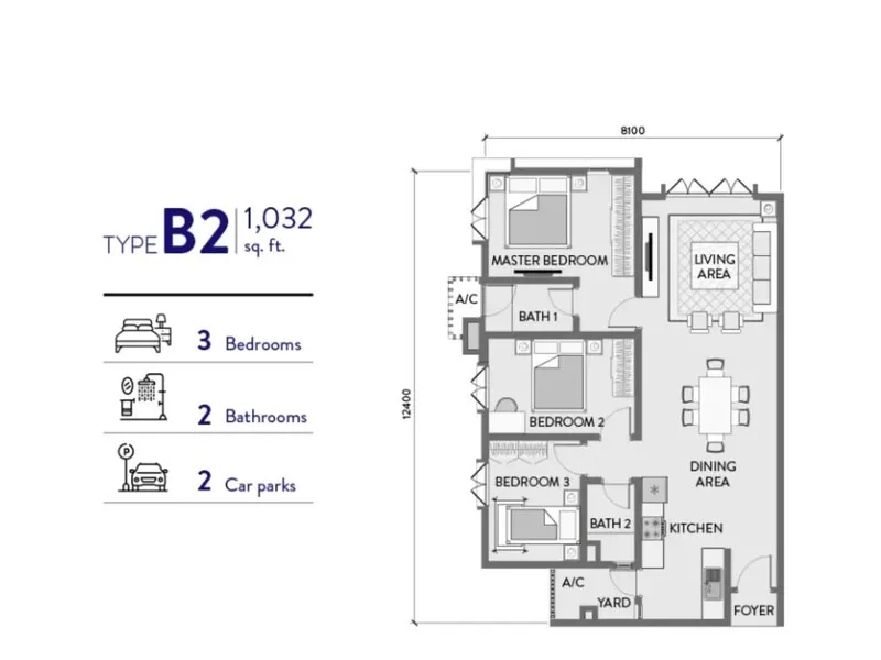 Padang Residences Type B2 - 1,032 sq.ft floor plan
