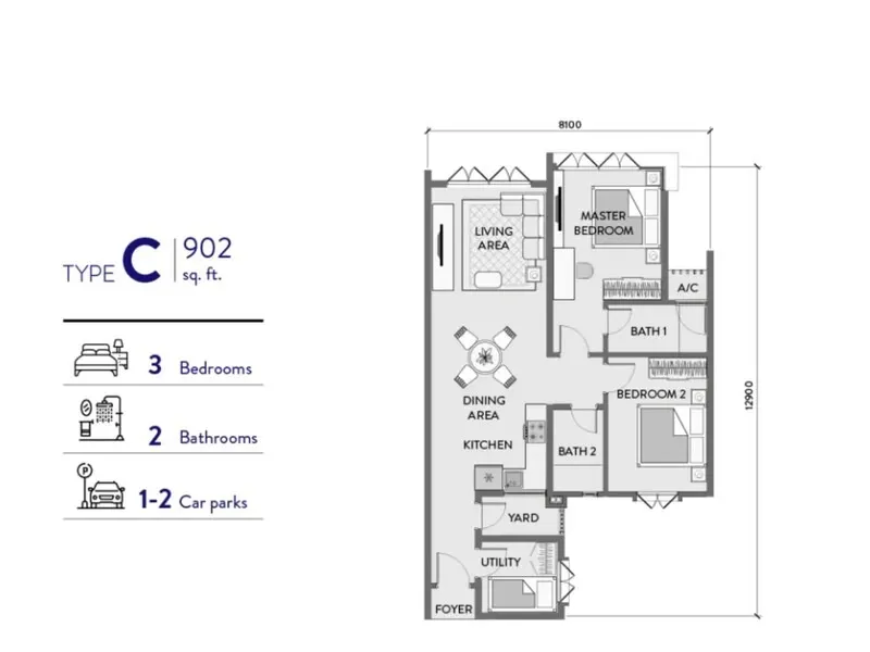 Padang Residences Type C - 902 sq.ft floor plan