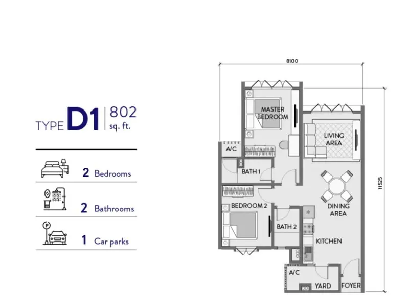 Padang Residences Type D1 - 802 sq.ft floor plan