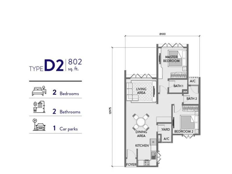 Padang Residences Type D2 - 802 sq.ft floor plan