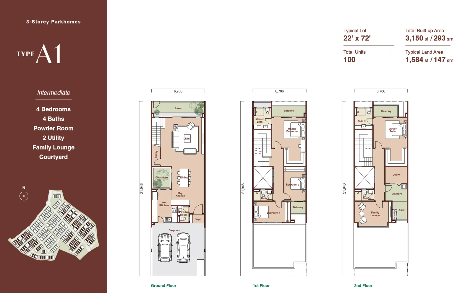Zenia ParkCity Damansara PARKHOMES - type A1 4 Bedrooms 4 Baths  - 3,150 sf / 293 sm floor plan