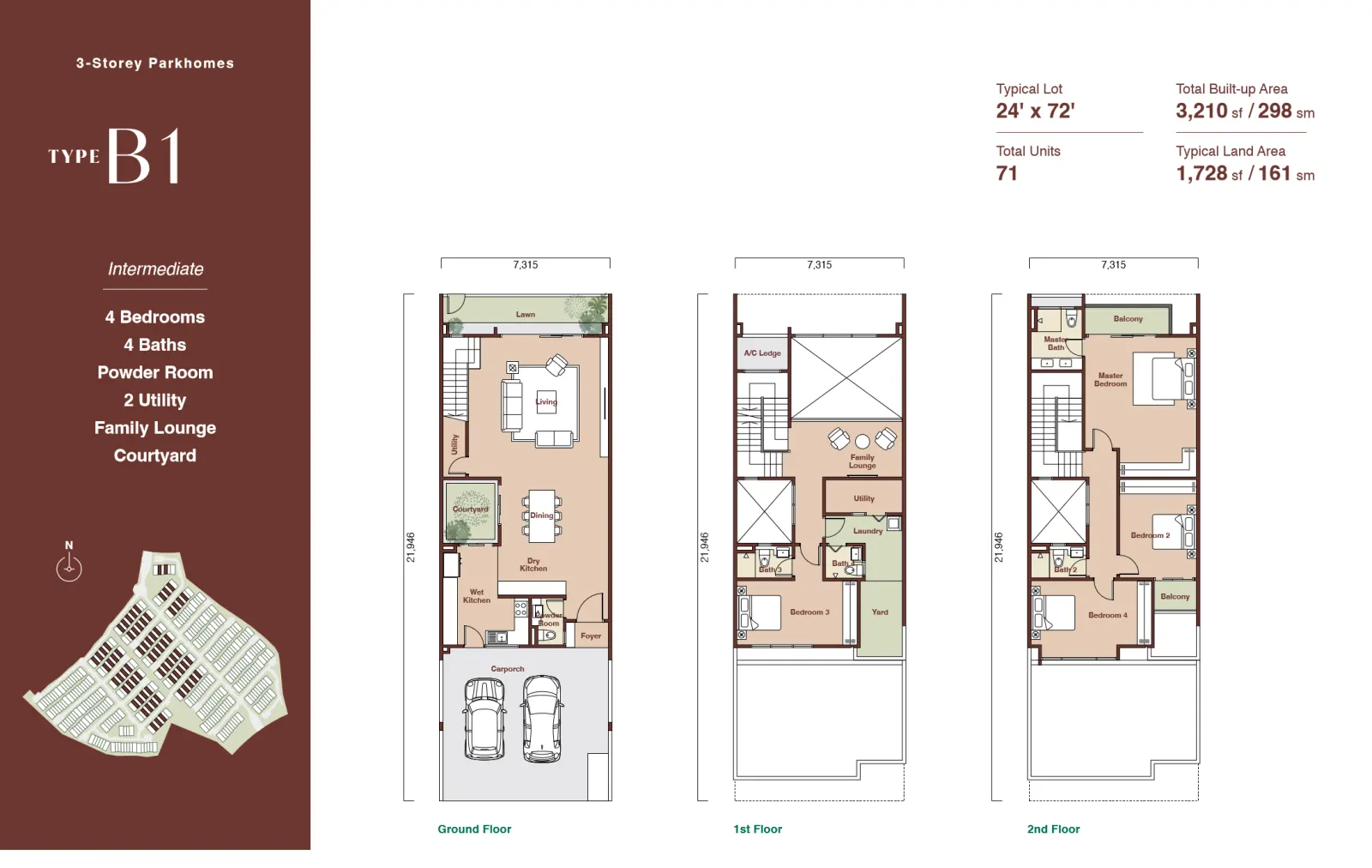 Zenia ParkCity Damansara PARKHOMES type B1 - 4 Bedrooms 4 Baths - 3,210 sf / 298 sm floor plan