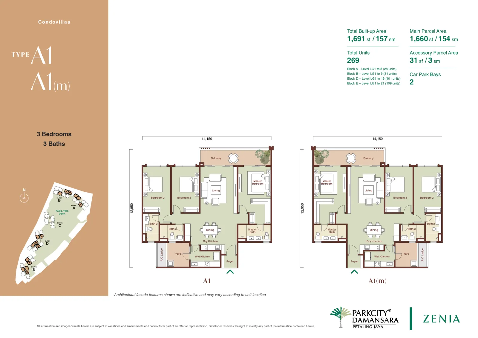 Zenia ParkCity Damansara type A1 / A1(m) - 3 Bedrooms 3 Baths - 1,691 sf / 157 sm floor plan