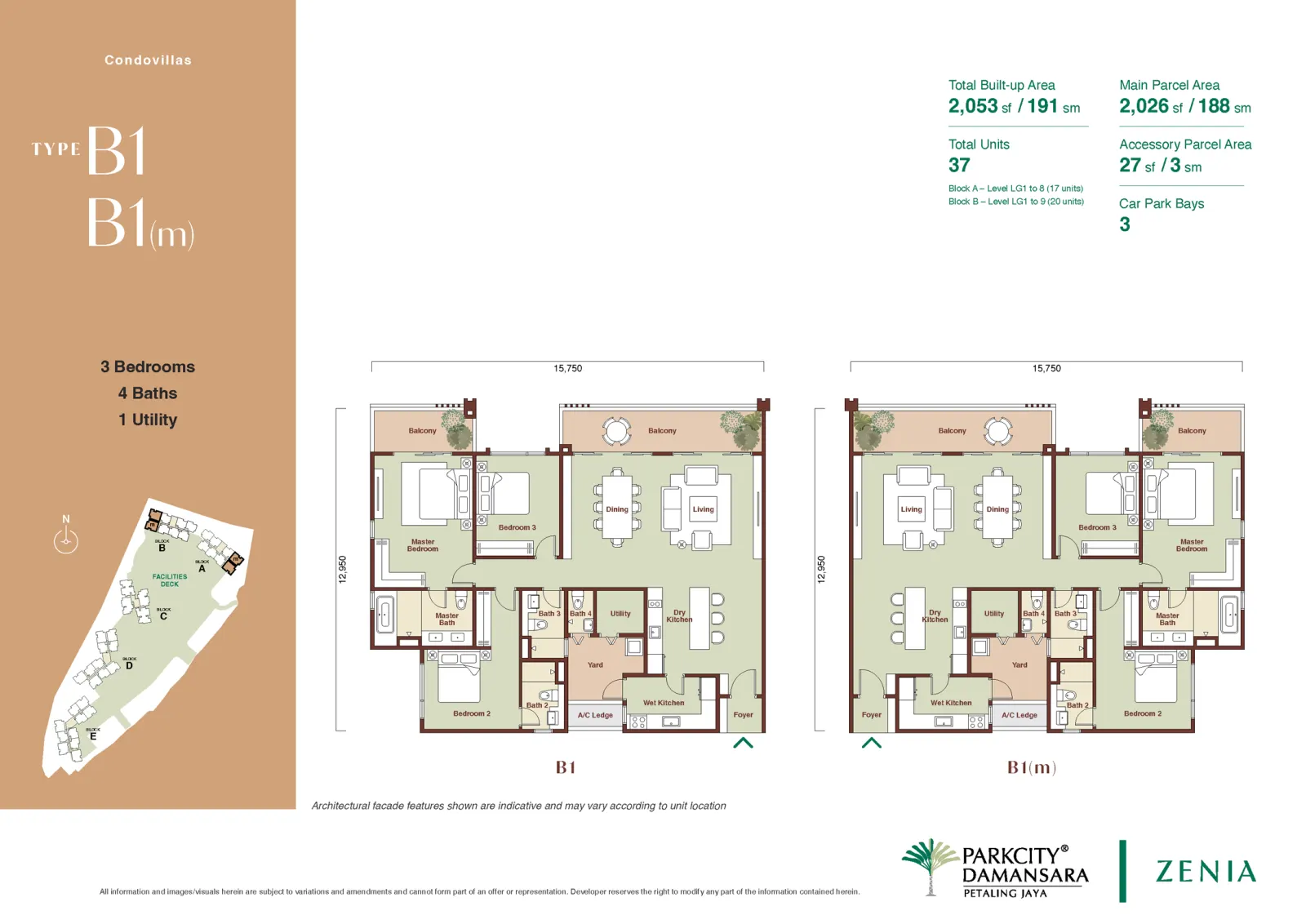 Zenia ParkCity Damansara type B1 / B1(m) - 3 Bedrooms 4 Baths 1 Utility - 2,053 sf / 191 sm floor plan