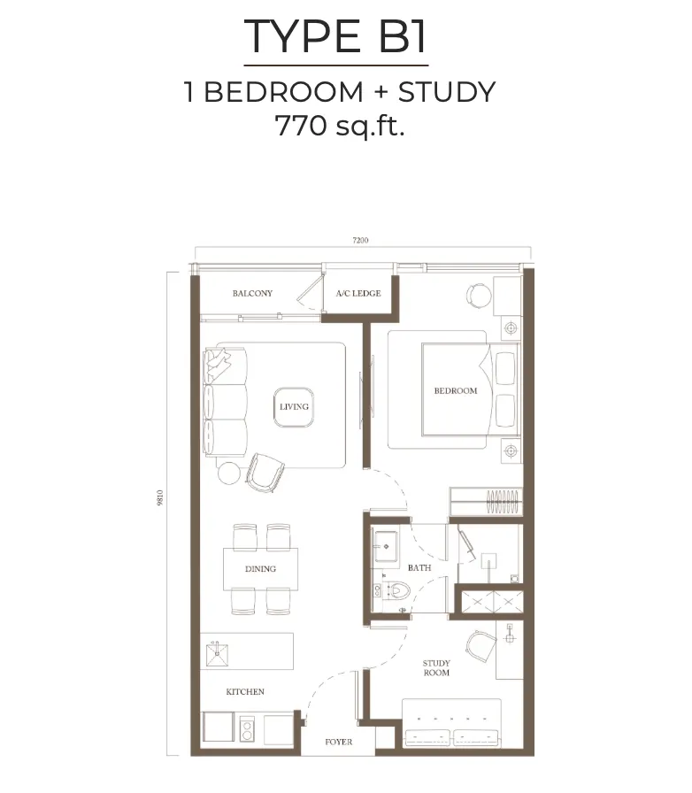 Pavilion Square Type B1 770 sf floor plan