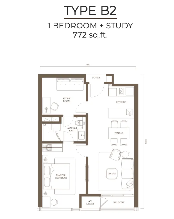 Pavilion Square Type B2 772 sf floor plan