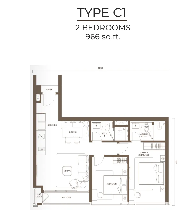 Pavilion Square Type C1 966 sf floor plan