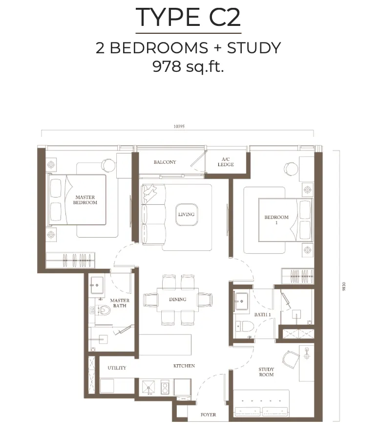 Pavilion Square Type C2 978 sf floor plan