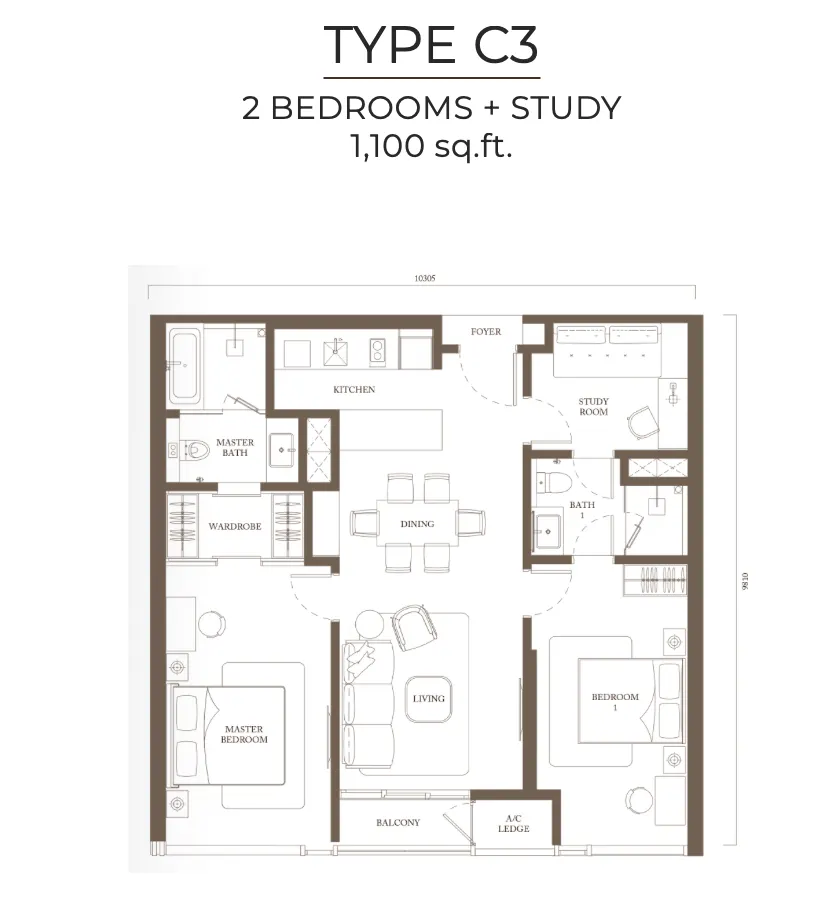 Pavilion Square Type C3 1100 sf floor plan