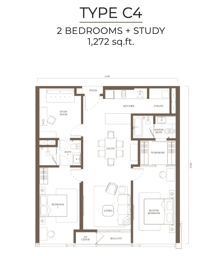 Pavilion Square Type C4 1272 sf floor plan