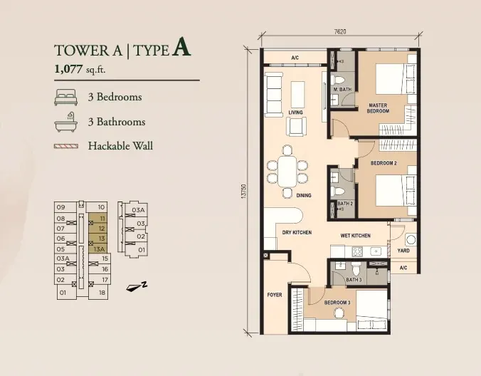 Pinnacle Bukit Gambier Type A - 1077 sq.ft. floor plan