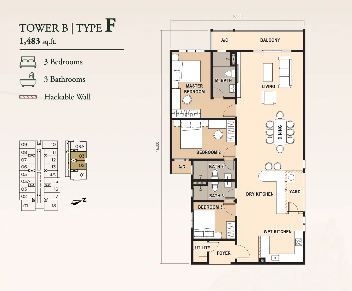 Pinnacle Bukit Gambier Type F - 1483 sq.ft. floor plan