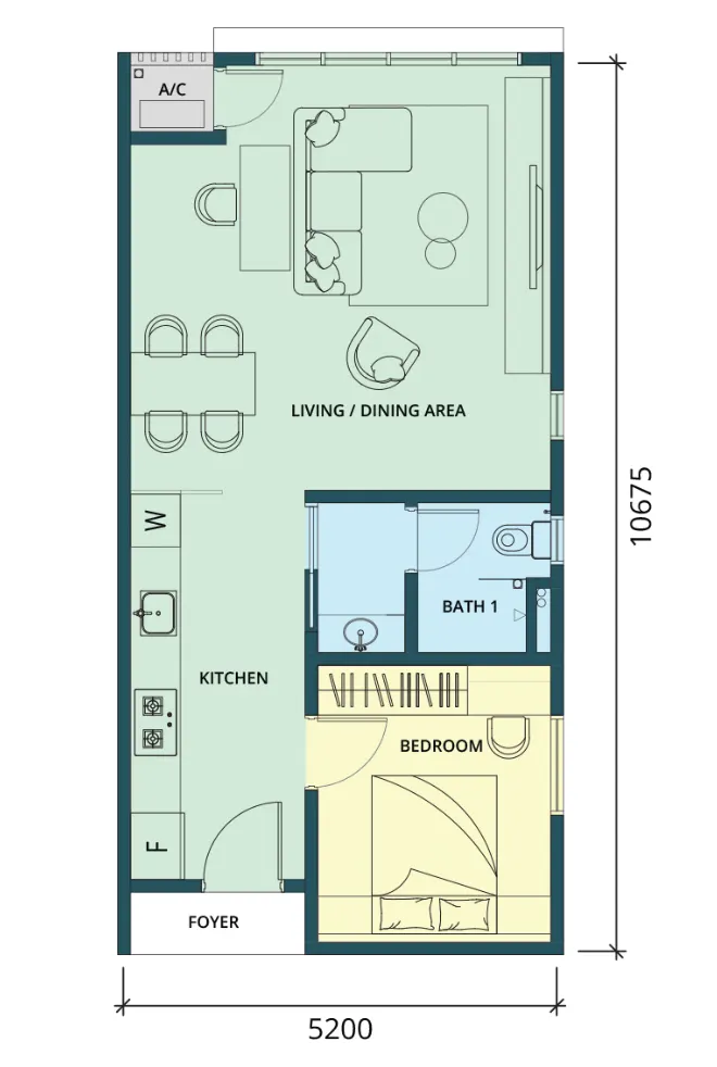 Ponderosa Regency Type A1 – 598 sq.ft. floor plan