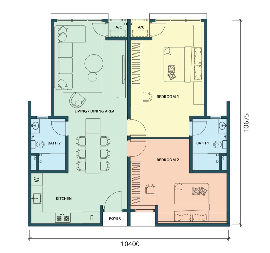 Ponderosa Regency Type AA – 1,064 sq.ft. floor plan