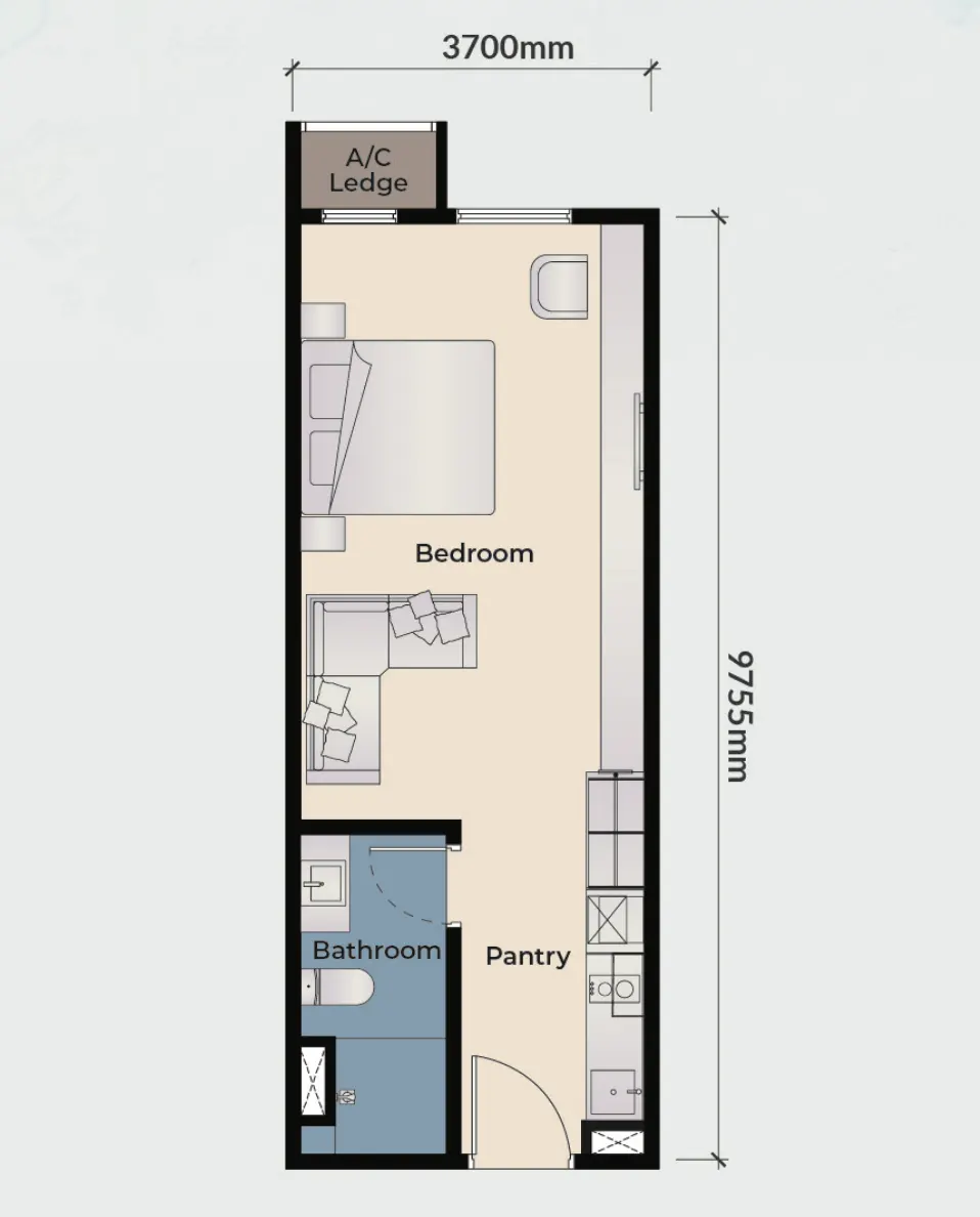 Qubaz Suites Type A1 – 388 sqft 🏠 Studio 🛁 1 Bath floor plan