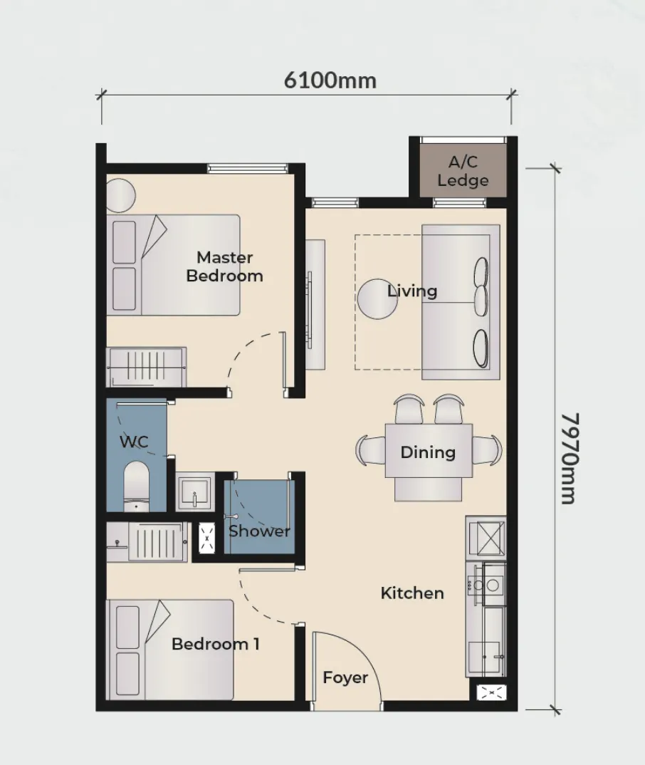 Qubaz Suites Type B1 – 506 sqft 🏠 2 Bedrooms 🛁 1 Bath floor plan
