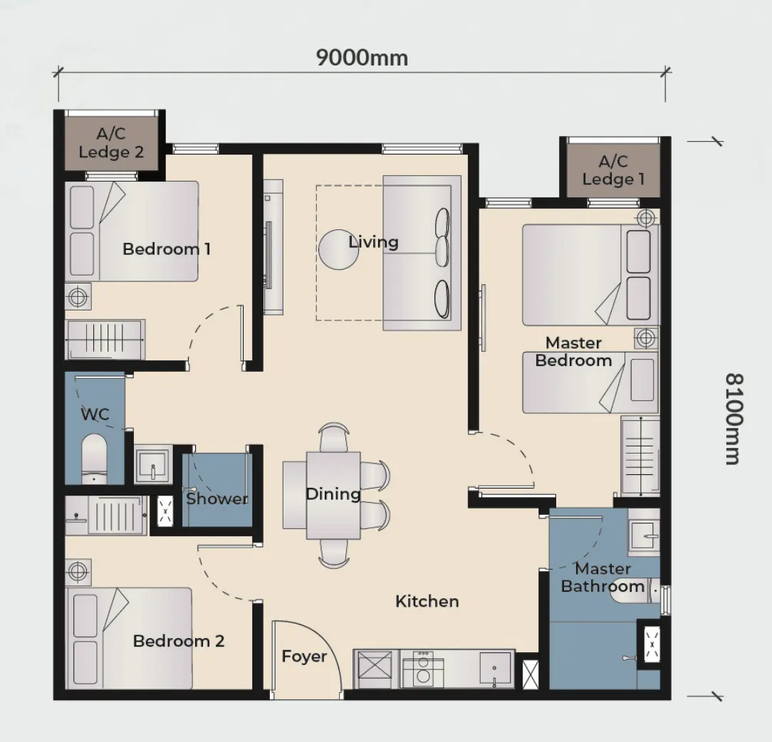 Qubaz Suites Type C2 – 753 sqft 🏠 3 Bedrooms 🛁 2 Baths floor plan