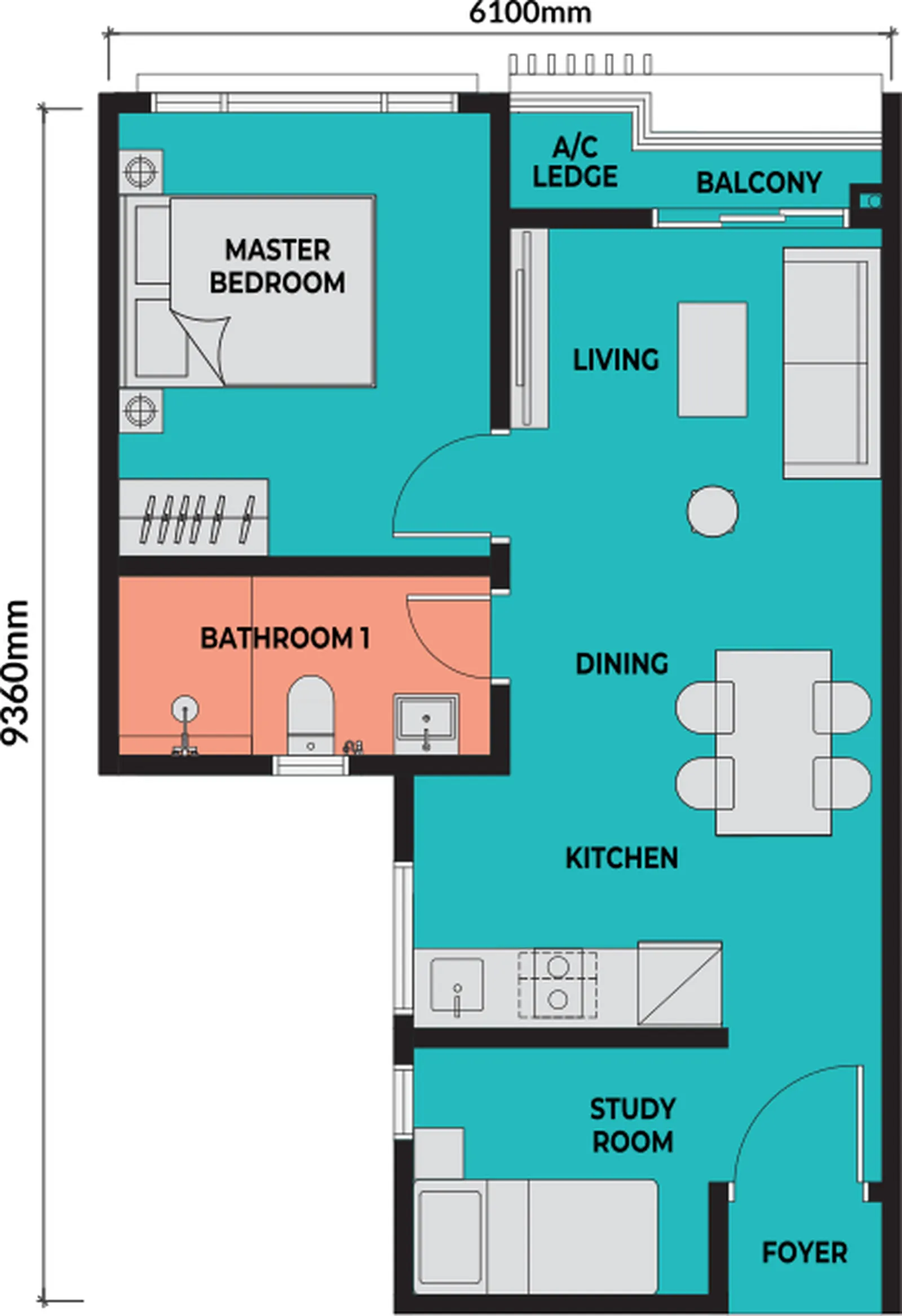 Sea Crestz @ Kuantan Waterfront Resort City TYPE A (1R + 1B) 506 sq.ft. | 47 sm floor plan
