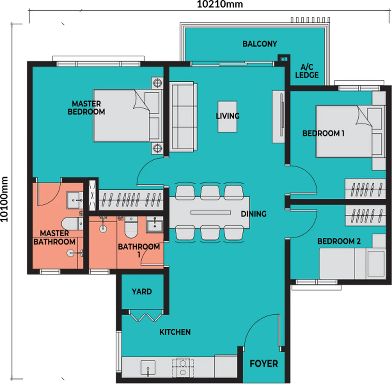 Sea Crestz @ Kuantan Waterfront Resort City TYPE B (3R + 2B) 850 sq.ft. | 79 sm floor plan