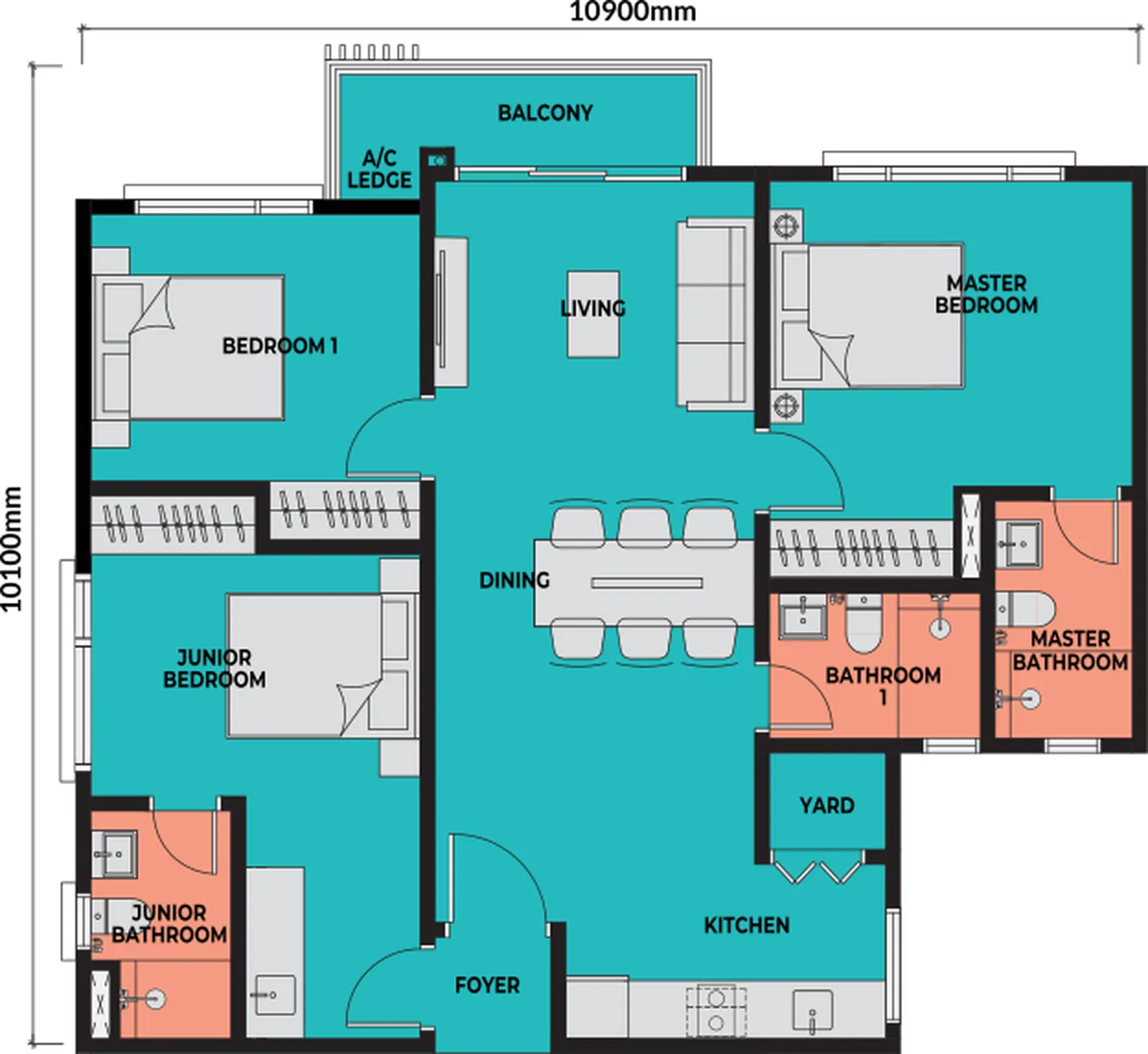 Sea Crestz @ Kuantan Waterfront Resort City TYPE C (3R + 3B) 1,012 sq.ft. | 94 sm floor plan