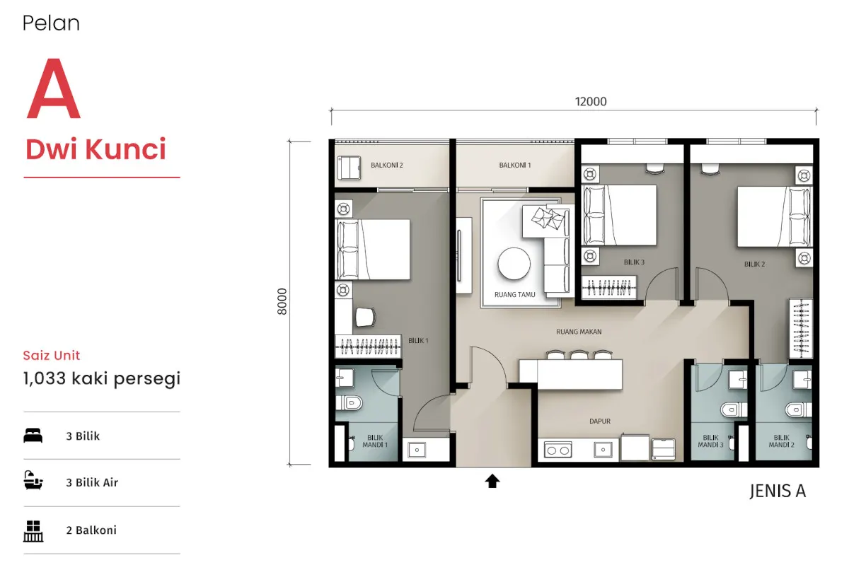 Seiras Residences Type A - 1033 sqft (Dual Key) floor plan