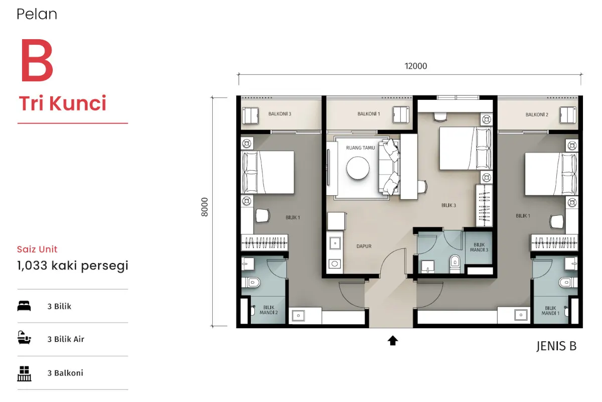 Seiras Residences Type B - 1033 sqft (Tri Key) floor plan