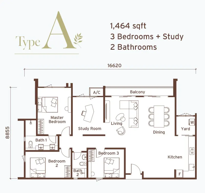Senna Heights Туре A - 1,464 sqft - 3 Bedrooms + Study 2 Bathrooms floor plan