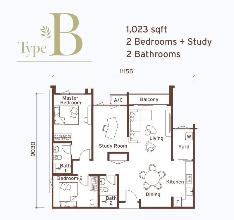 Senna Heights Туре B - 1,023 sqft - 2 Bedrooms + Study 2 Bathrooms floor plan