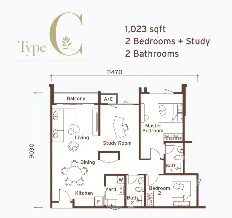 Senna Heights Type C - 1,023 sqft -  2 Bedrooms + Study + 2 Bathrooms floor plan