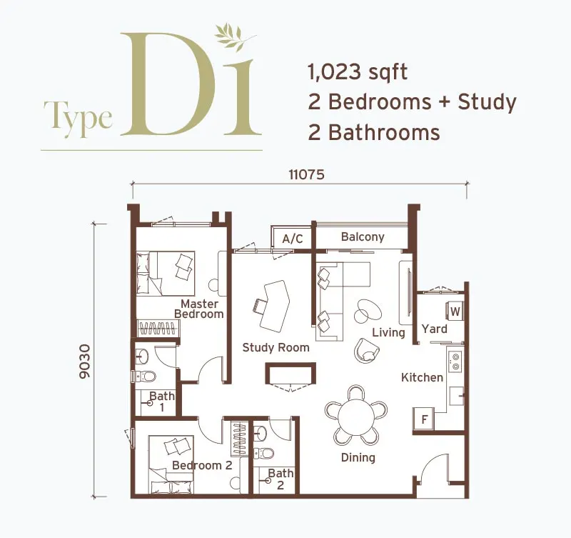 Senna Heights Type D - 1,023 sqft - 2 Bedrooms + Study + 2 Bathrooms floor plan