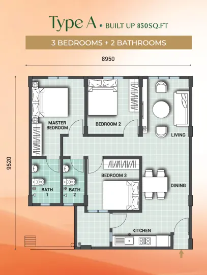 Sentrio Residences 2 (SN13A) Type A1 - 860 sqft floor plan