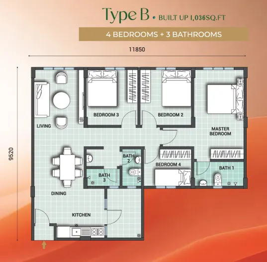 Sentrio Residences 2 (SN13A) Type B - 1,036 sqft floor plan