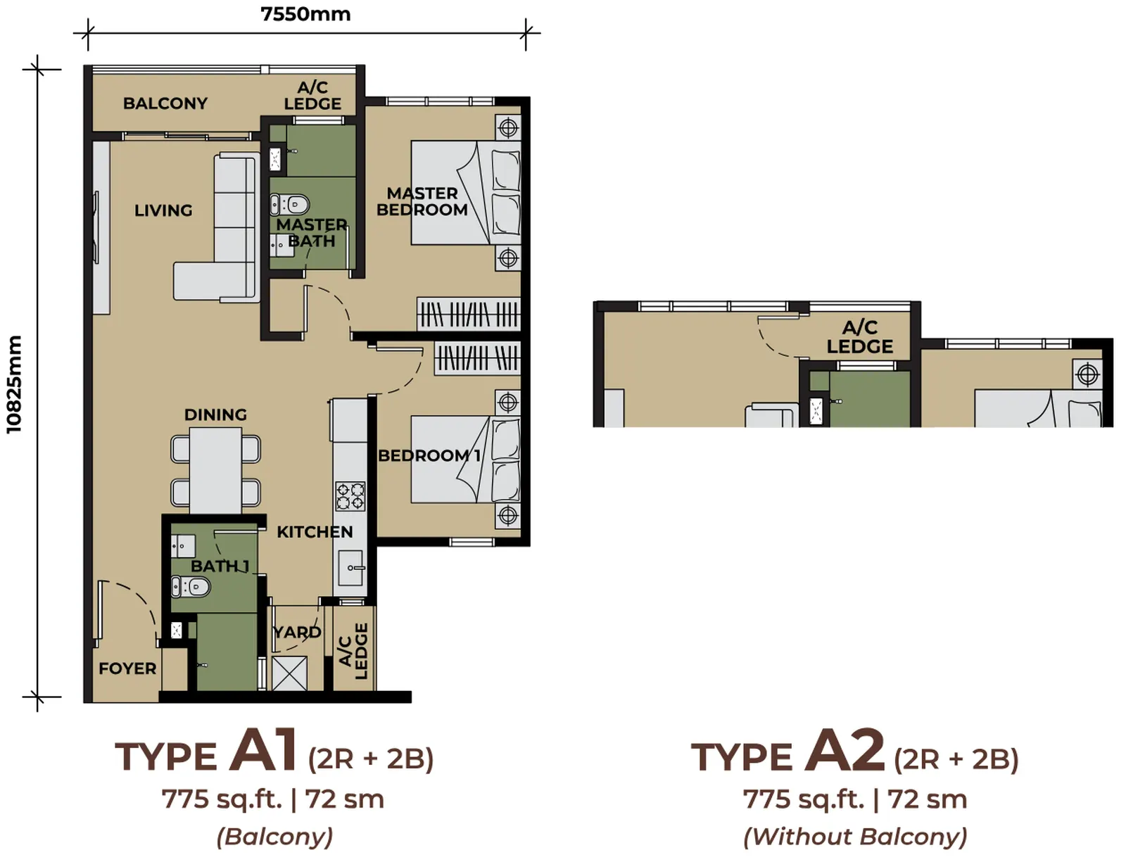 The Aldenz Type A1/A2 - 775 sf floor plan