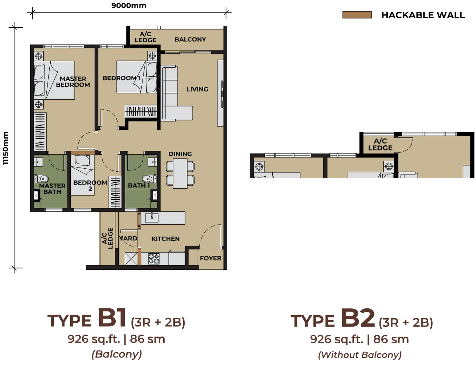 The Aldenz Type B1/B2 - 926 sf floor plan