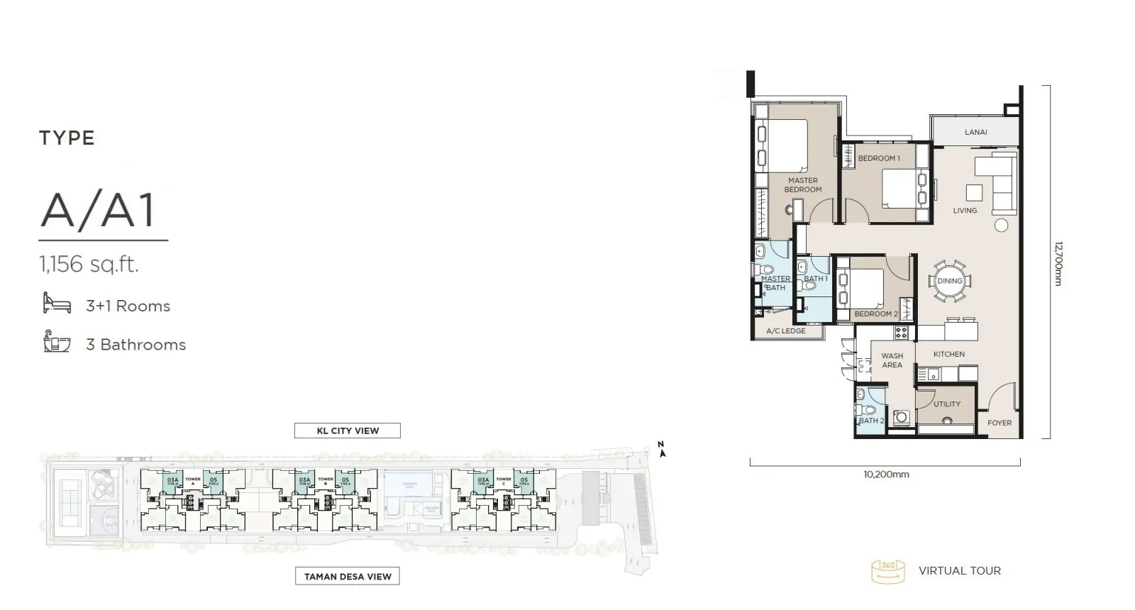 THE ATAS TYPE A/A1 - 1,156 sq.ft. → 3+1 Rooms / 3 Bathrooms floor plan
