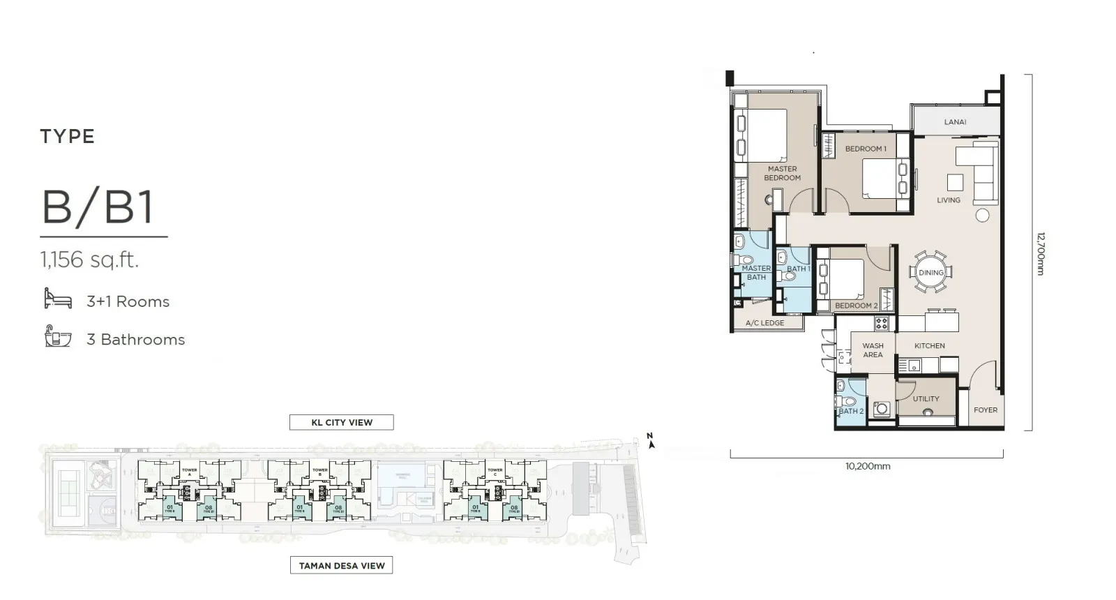 THE ATAS TYPE B/B1 - 1,156 sq.ft. 3+1 Rooms / 3 Bathrooms floor plan
