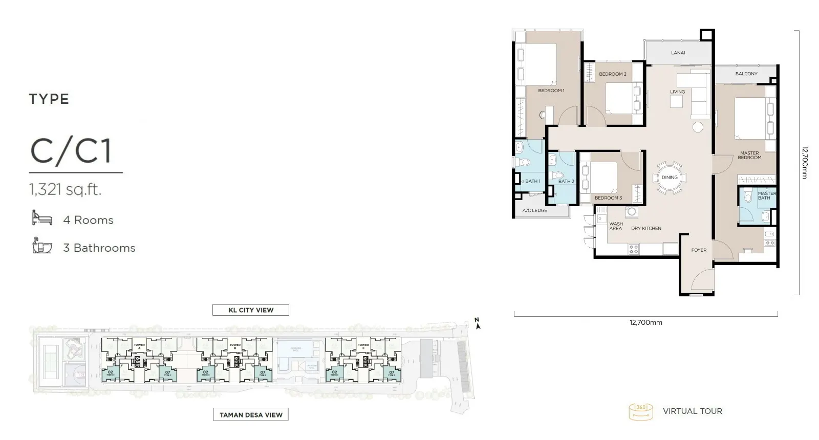THE ATAS TYPE C/C1 - 1,321 sq.ft. - 4 Rooms 3Bathrooms floor plan